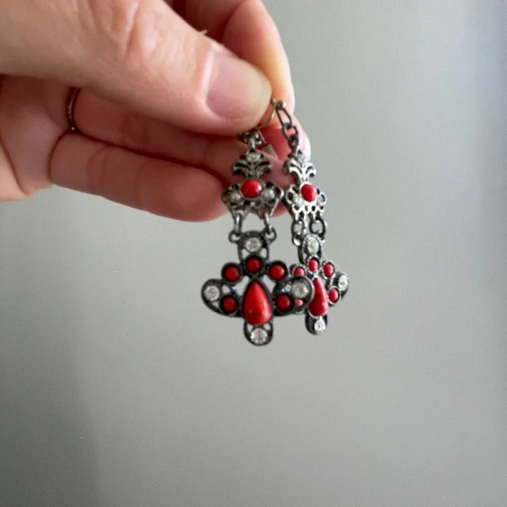 Stone Metal Dangle Earrings‎ Red Y2K Rhinestones Artsy Jewelry Goth Renaissance